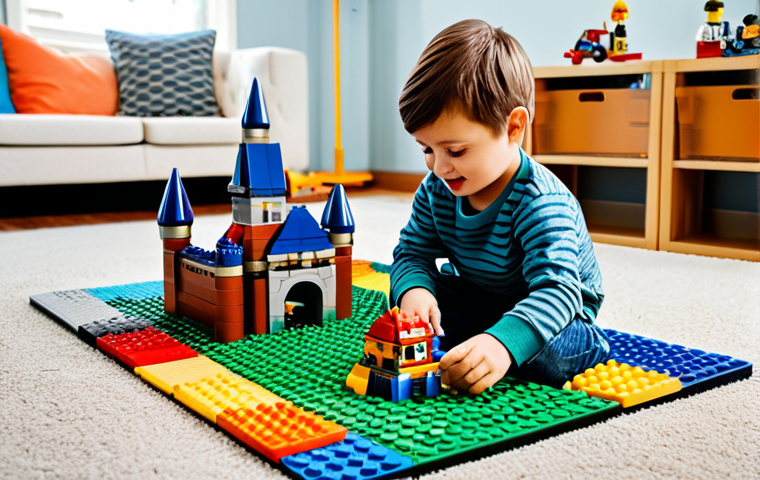 **

"A child enthusiastically building a LEGO castle, fully clothed in casual attire, sitting on a colorful playroom rug. LEGO bricks scattered around, showing the joy of creation, perfect anatomy, correct proportions, well-formed hands, proper finger count, natural pose, safe for work, appropriate content, family-friendly, professional quality."

**